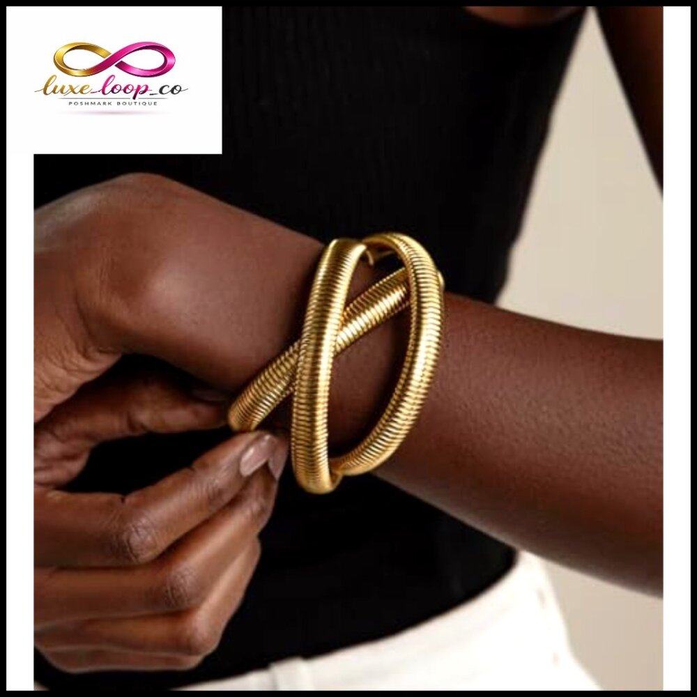 Chunky Gold Bangle Bracelets Stackable Pearl Stre… - image 6